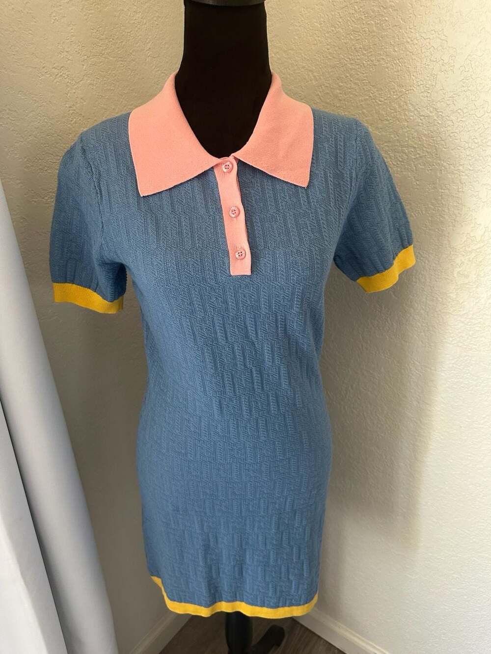Fendi Roma Blue Knit Polo Dress with Pink Collar
